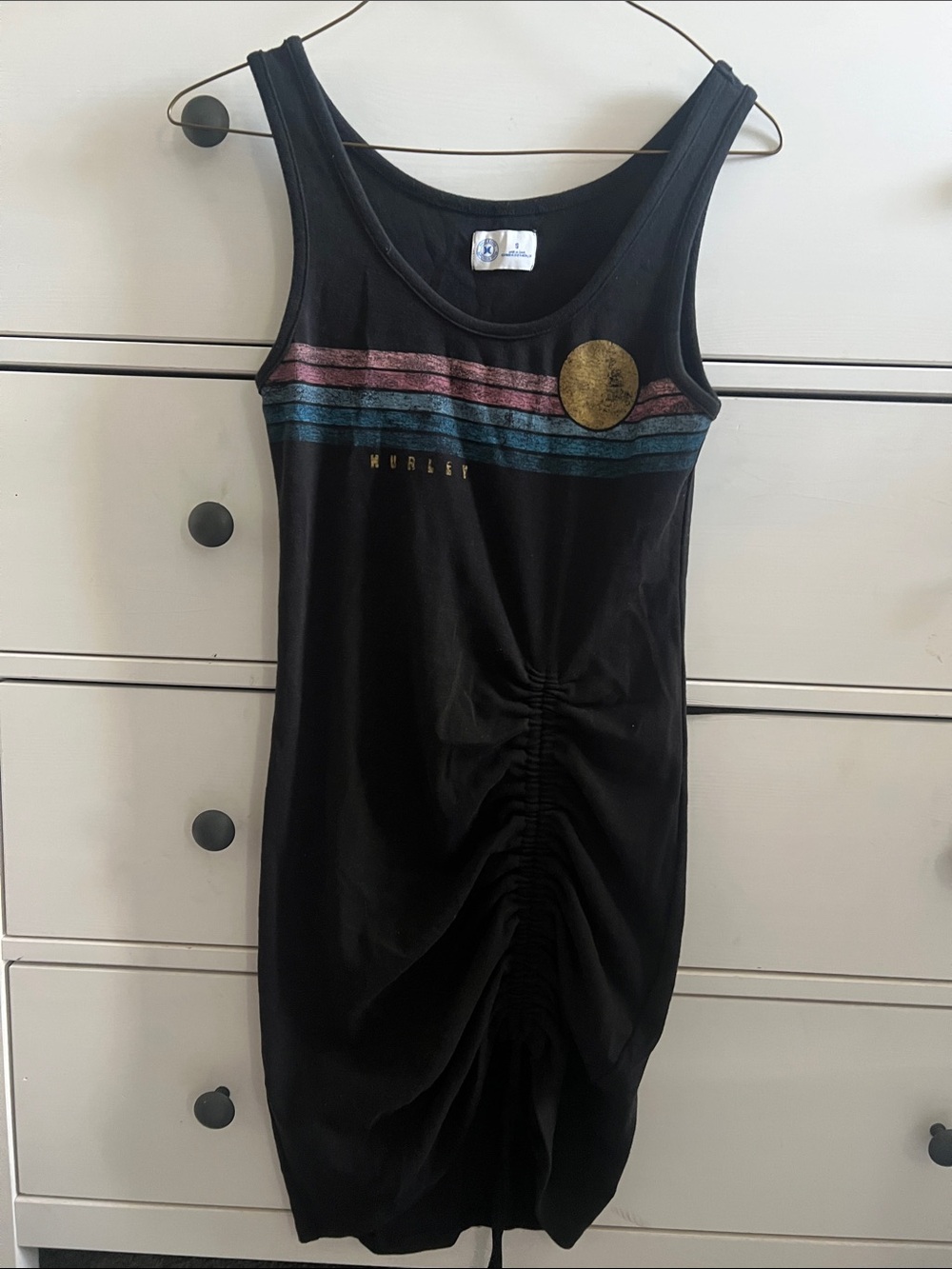 Hurley Black Mini Dress with Metallic Pink & Blue Stripes and Gold Accent